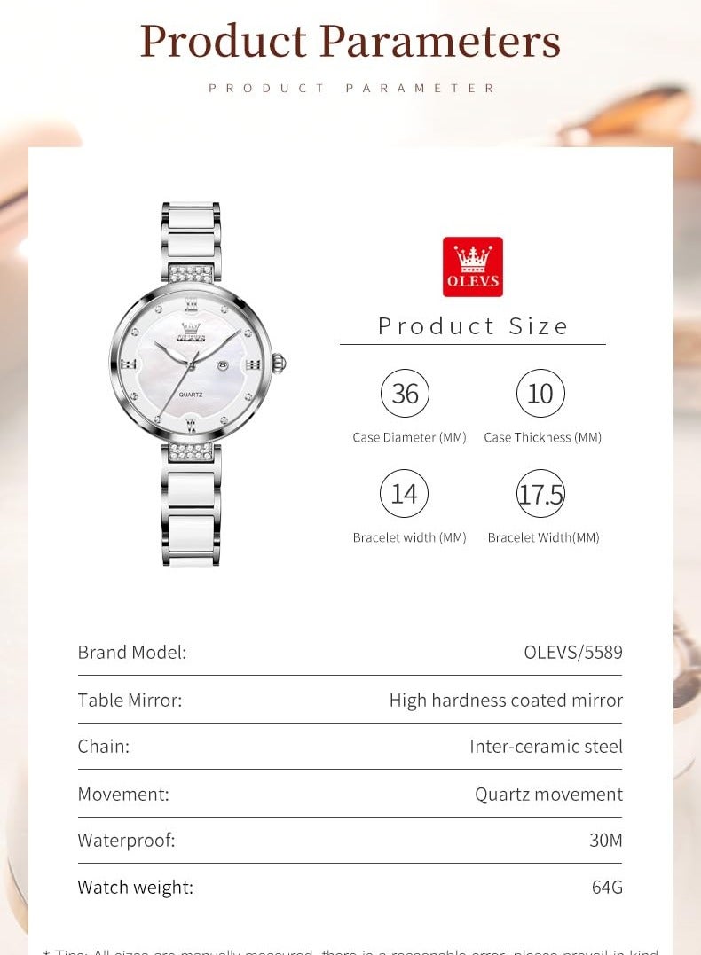أوليفز ساعة OLEVS النسائية الأنيقة بسوار سيراميك، مرصعة بالألماس، مقاومة للماء، مضيئة، كوارتز، رسمية، 5589 - Image 5