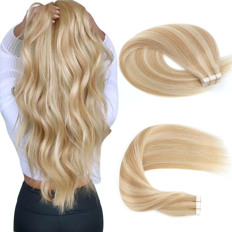 Sassina Highlight Tape in Hair Extensions Semipermanent Tape Attached Real Remy Human Hair Extensions 50g 20pcs Skin Weft Tape Attached Invisible Seamless Reusable P1260 22 Inch