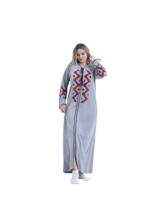 ZECOTEX Women's Cotton Velvet Abaya - Embroidered Geometric Pattern - Warm & Soft Long Hooded Kaftan - Grey - Image 4