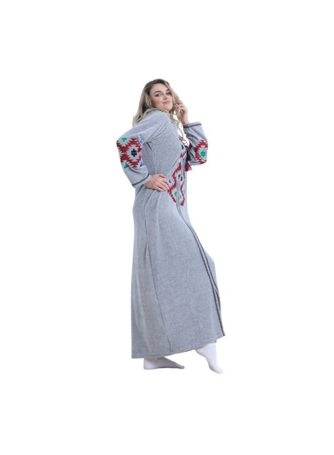 ZECOTEX Women's Cotton Velvet Abaya - Embroidered Geometric Pattern - Warm & Soft Long Hooded Kaftan - Grey - Image 3