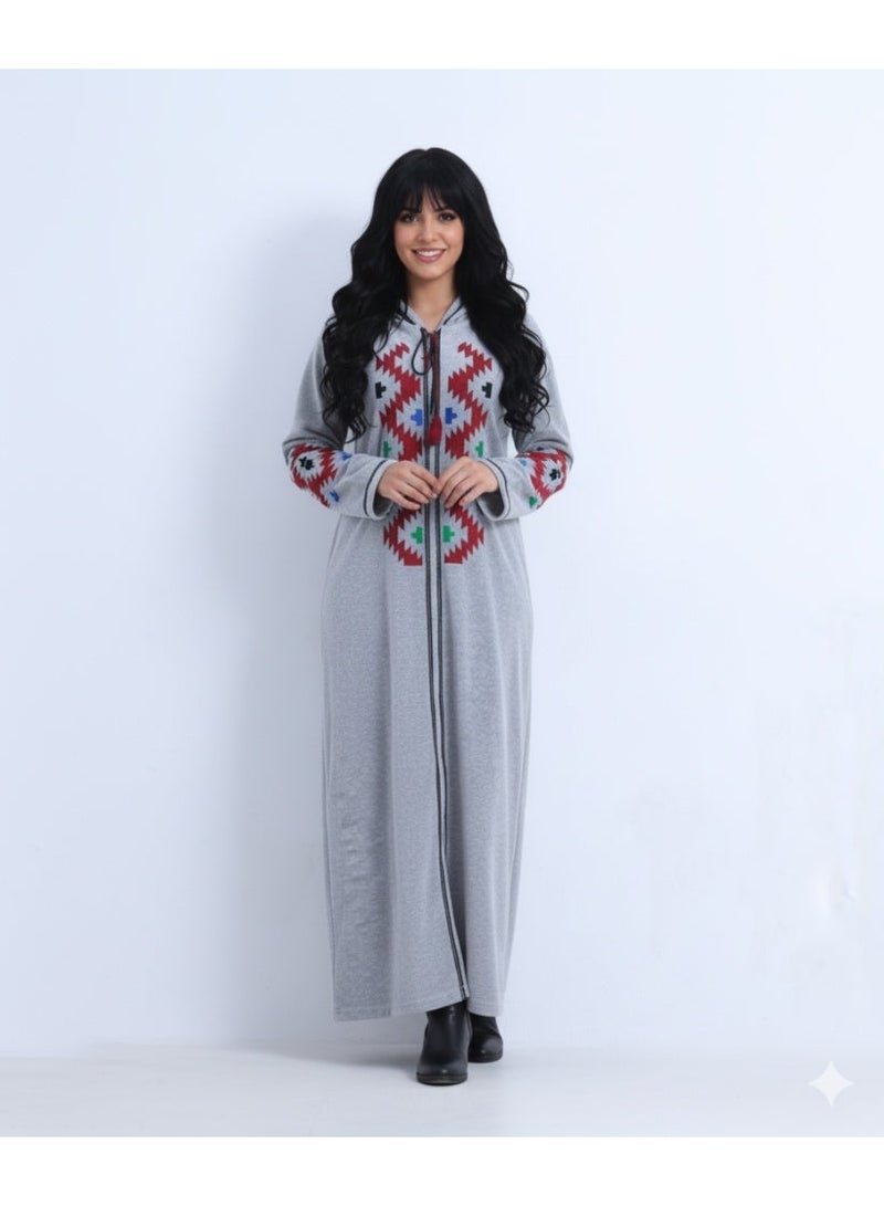 ZECOTEX Women's Cotton Velvet Abaya - Embroidered Geometric Pattern - Warm & Soft Long Hooded Kaftan - Grey - Image 2