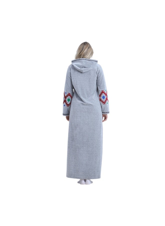 ZECOTEX Women's Cotton Velvet Abaya - Embroidered Geometric Pattern - Warm & Soft Long Hooded Kaftan - Grey - Image 5