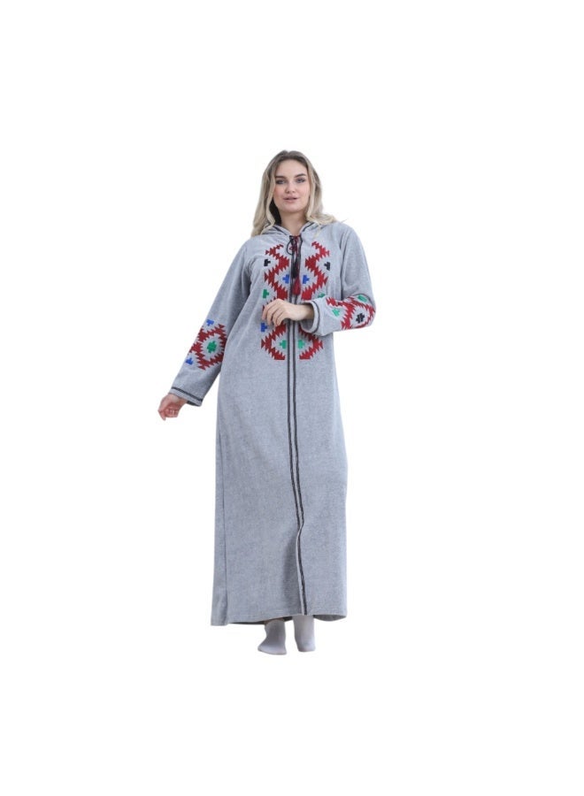 ZECOTEX Women's Cotton Velvet Abaya - Embroidered Geometric Pattern - Warm & Soft Long Hooded Kaftan - Grey - Image 1