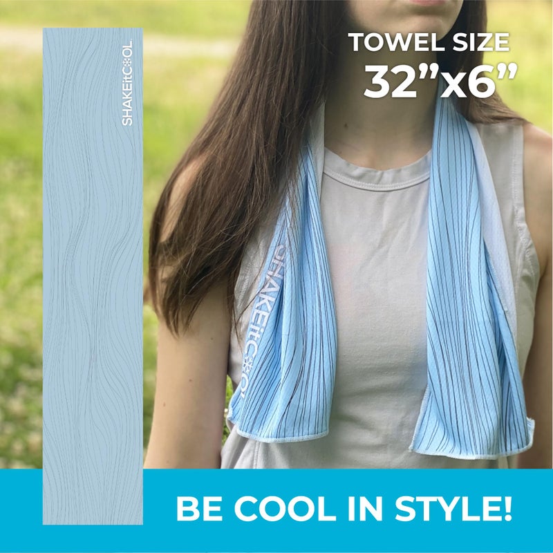 SHAKEitCOOL Original Cooling Towel â€“ Be Cool in Style - Heat Relief, Soft, Lightweight, Sun Protection, Easy Clean - Perfect for Biking, Running, Yoga, Gym, Gardening - Blue Wave - Image 2