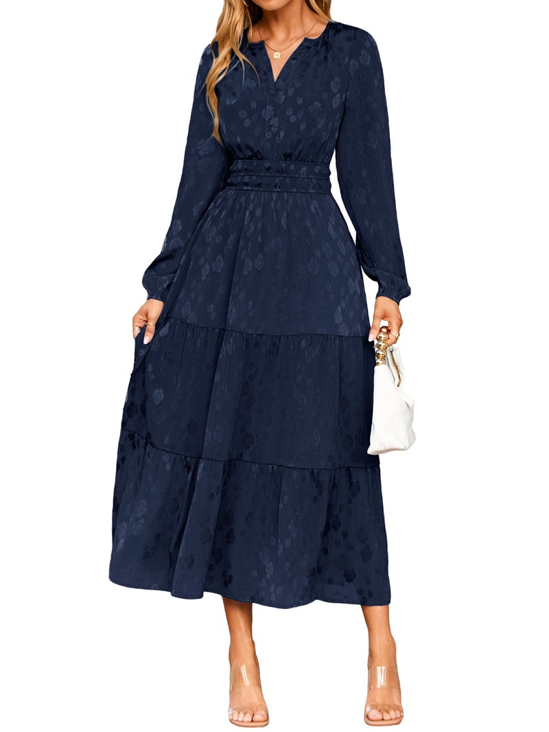 Simplee Womens Wedding Guest Fall Maxi Dress Aline Elegant Floral VNeck Maxi Holiday Dresses 2025 TrendyLargeNavy Blue
