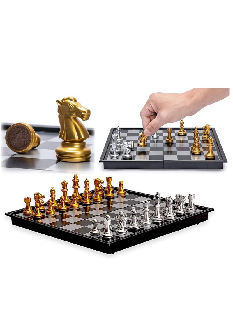 SYOSI - Travel Chess Board Set - Magnetic Piece with Portable/Foldable Board- Full Set Educational Toys For Children/Adults -Gold/Silver -Handmade Traditional Game Gift - Image 1