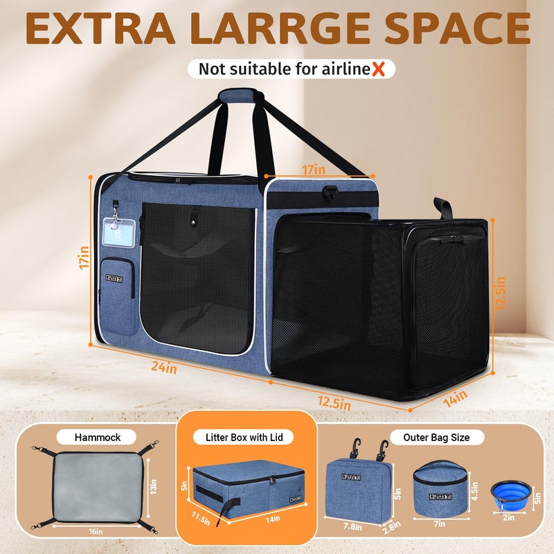 Petskd Side Expandable Extra Large Cat Carrier with Litter Box Area for Long Distance Car Travel,24"x17"x17" Collapsible Soft-Sided Large Pet Carrier with Zipper Locks for 2 Cats Under 55LBS(Blue) - Image 3