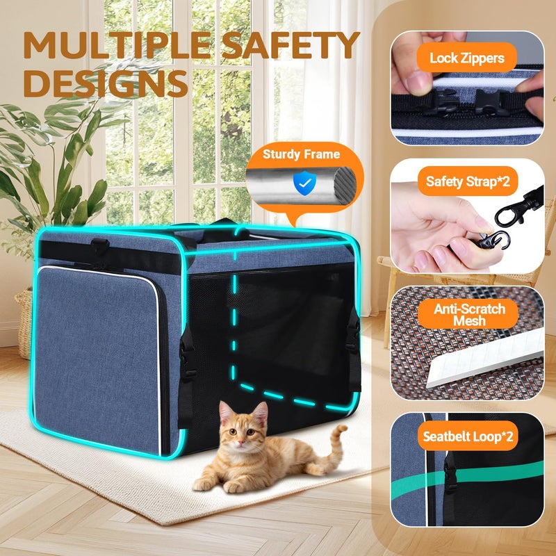 Petskd Side Expandable Extra Large Cat Carrier with Litter Box Area for Long Distance Car Travel,24"x17"x17" Collapsible Soft-Sided Large Pet Carrier with Zipper Locks for 2 Cats Under 55LBS(Blue) - Image 4