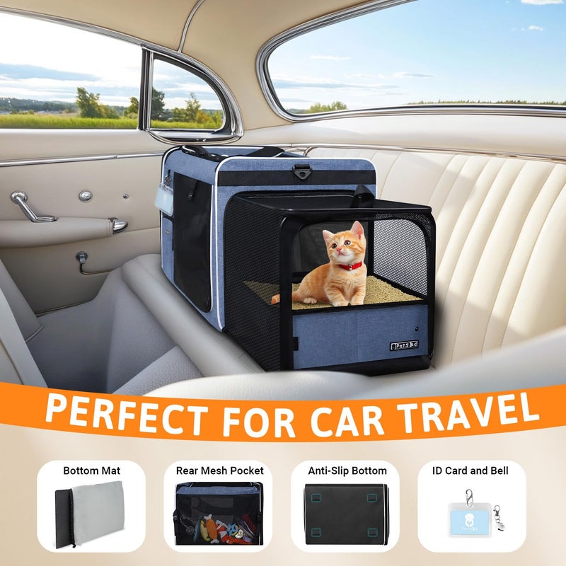 Petskd Side Expandable Extra Large Cat Carrier with Litter Box Area for Long Distance Car Travel,24"x17"x17" Collapsible Soft-Sided Large Pet Carrier with Zipper Locks for 2 Cats Under 55LBS(Blue) - Image 2