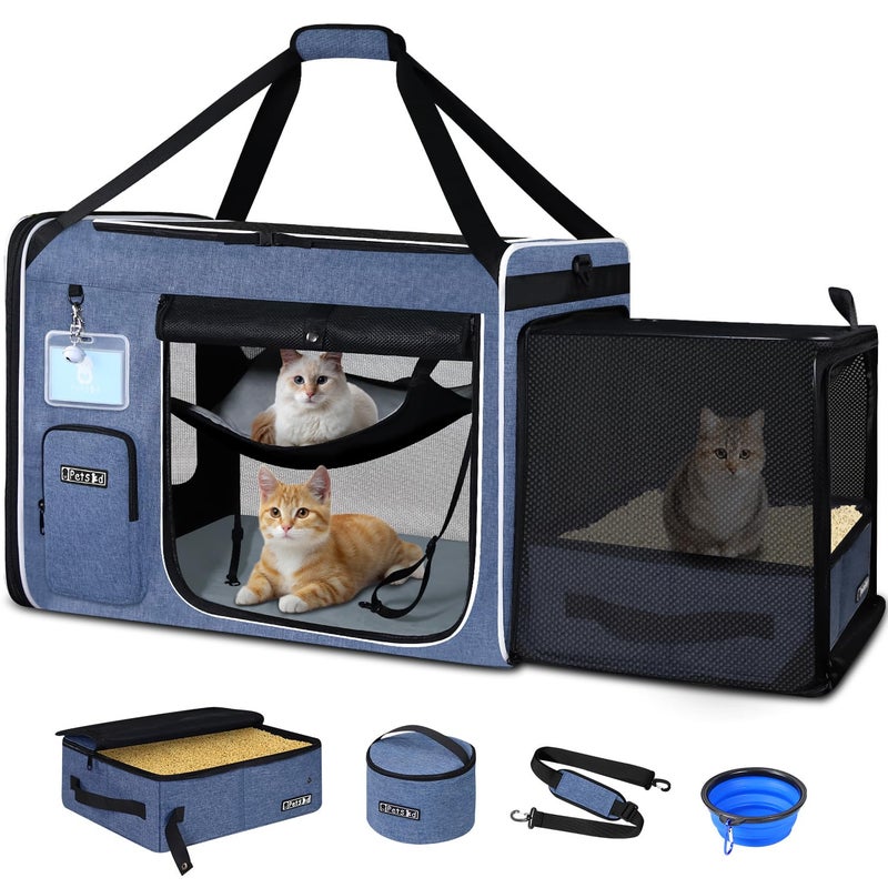 Petskd Side Expandable Extra Large Cat Carrier with Litter Box Area for Long Distance Car Travel,24"x17"x17" Collapsible Soft-Sided Large Pet Carrier with Zipper Locks for 2 Cats Under 55LBS(Blue) - Image 1