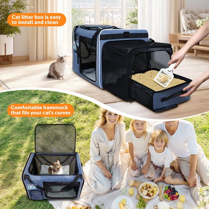 Petskd Side Expandable Extra Large Cat Carrier with Litter Box Area for Long Distance Car Travel,24"x17"x17" Collapsible Soft-Sided Large Pet Carrier with Zipper Locks for 2 Cats Under 55LBS(Blue) - Image 5