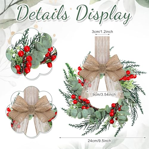 Hotop 12 Set Mini Wreaths for Kitchen Cabinet 12 Inch Small Christmas Wreath with Burlap Ribbon Red Berry and Eucalyptus Leaves for Xmas Window Front Door Fireplace Chair Farmhouse Hanging Decor - Image 3