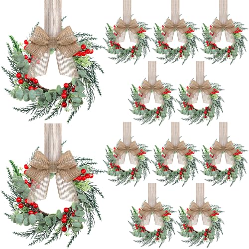 Hotop 12 Set Mini Wreaths for Kitchen Cabinet 12 Inch Small Christmas Wreath with Burlap Ribbon Red Berry and Eucalyptus Leaves for Xmas Window Front Door Fireplace Chair Farmhouse Hanging Decor - Image 1