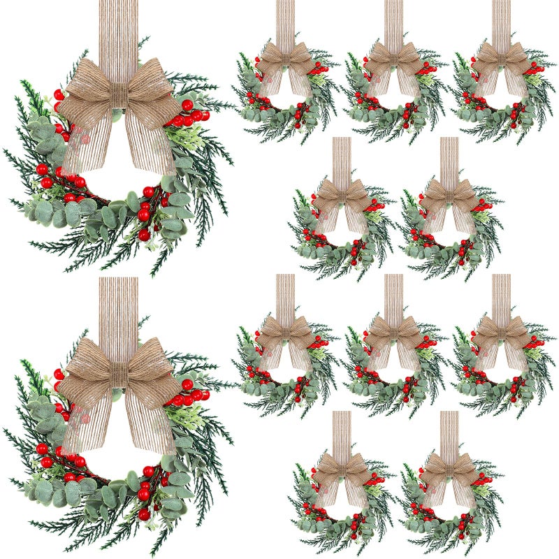 Hotop 12 Set Mini Wreaths for Kitchen Cabinet 12 Inch Small Christmas Wreath with Burlap Ribbon Red Berry and Eucalyptus Leaves for Xmas Window Front Door Fireplace Chair Farmhouse Hanging Decor - Image 2