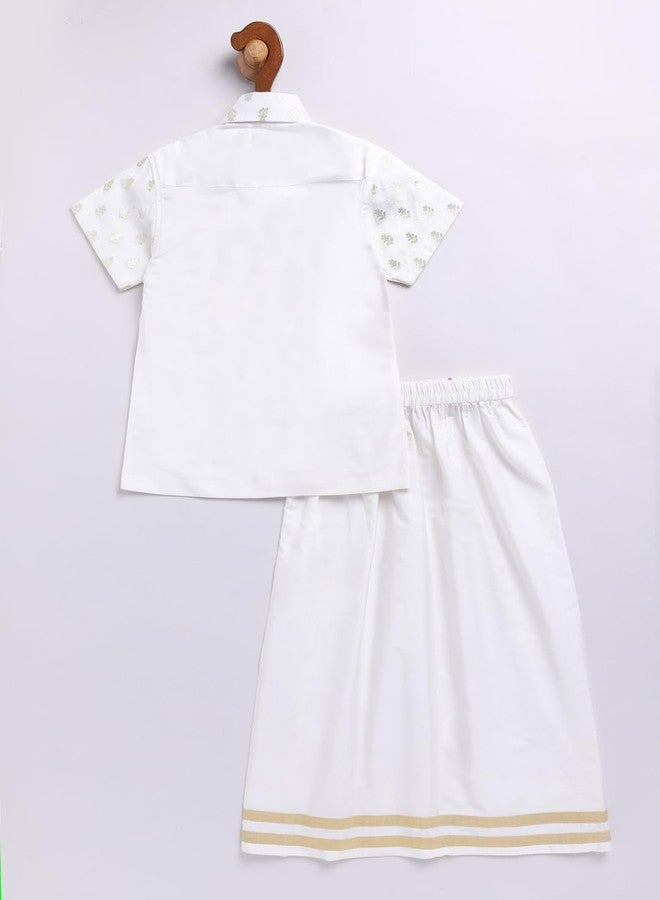 VASTRAMAY Infant Boys White Viscose Shirt Mundu Dupatta Set for Onam - Traditional Ethnic Wear - Image 4