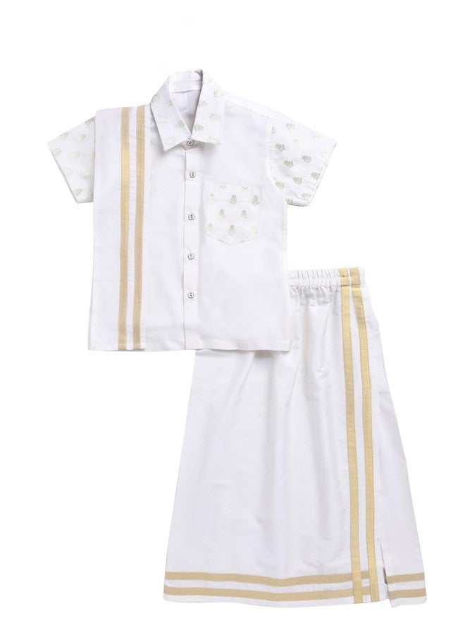 VASTRAMAY Infant Boys White Viscose Shirt Mundu Dupatta Set for Onam - Traditional Ethnic Wear - Image 1