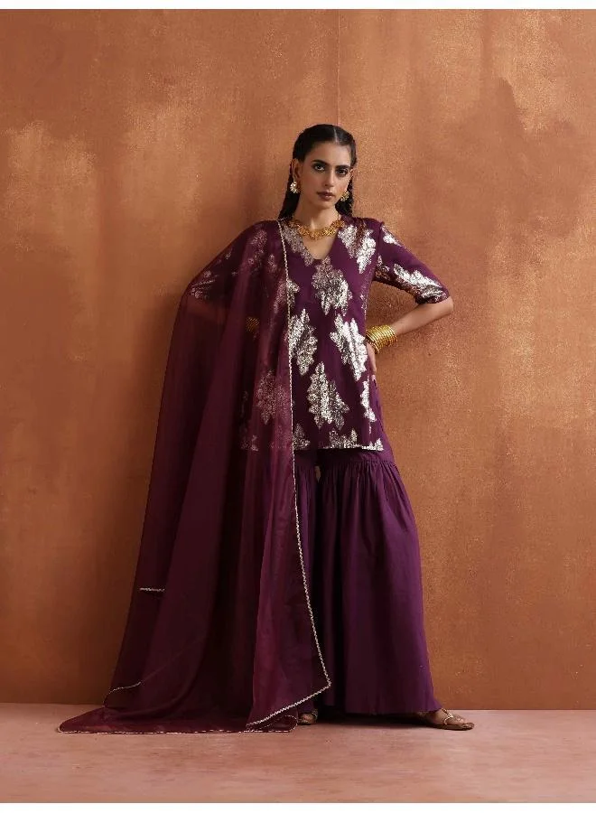 ترو برونز trueBrowns Purple Metallic Sharara Dupatta Set