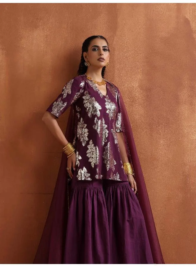 ترو برونز trueBrowns Purple Metallic Sharara Dupatta Set
