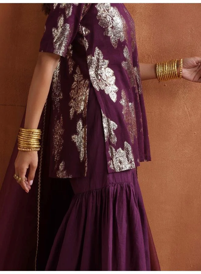 ترو برونز trueBrowns Purple Metallic Sharara Dupatta Set