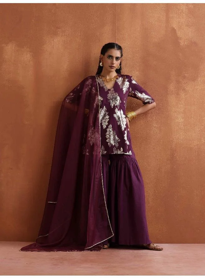 trueBrowns Purple Metallic Sharara Dupatta Set