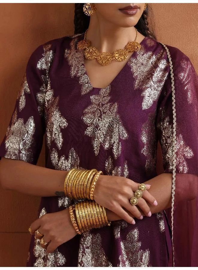 trueBrowns Purple Metallic Sharara Dupatta Set