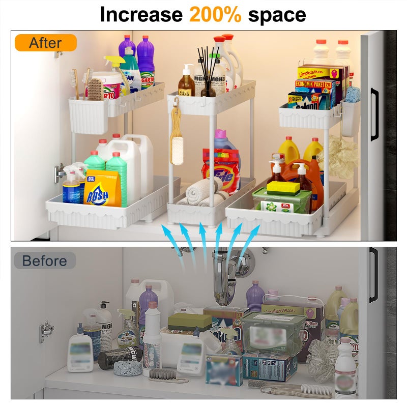 Sevenblue 3 Pack Multi-Purpose Under Sink Organizers and Storage, 2026 L-Shaped Pull Out Cabinet Organizer for Bathroom & Kitchen, Under Cabinet Organizer with Hooks Hanging Cup (White, 12.85 inch) - Image 2