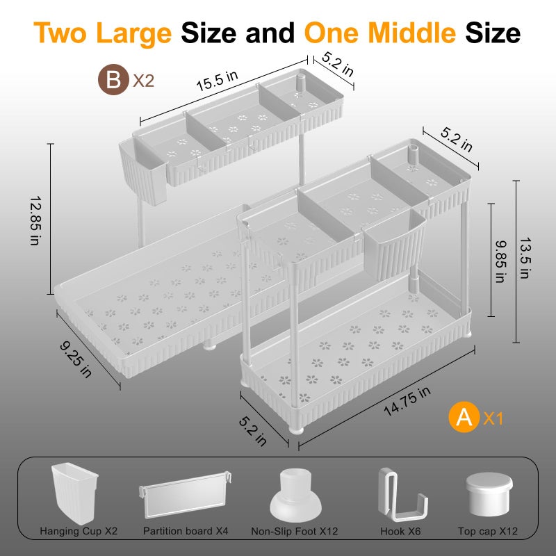 Sevenblue 3 Pack Multi-Purpose Under Sink Organizers and Storage, 2026 L-Shaped Pull Out Cabinet Organizer for Bathroom & Kitchen, Under Cabinet Organizer with Hooks Hanging Cup (White, 12.85 inch) - Image 5