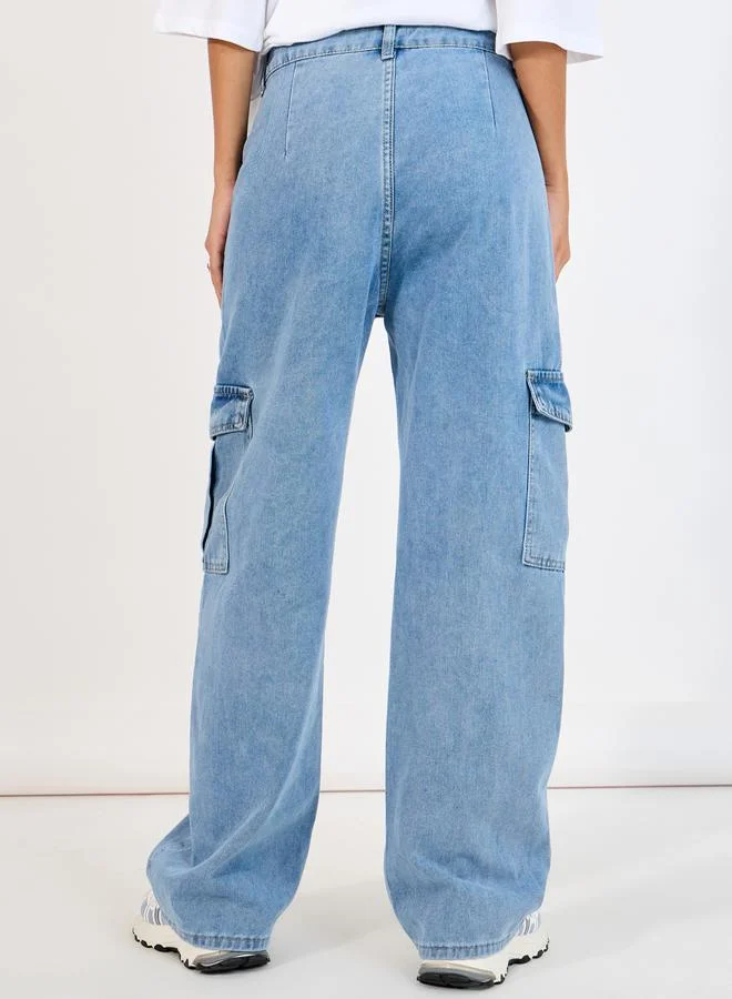 Styli High Rise Wide Leg Flap Pocket Cargo Jeans