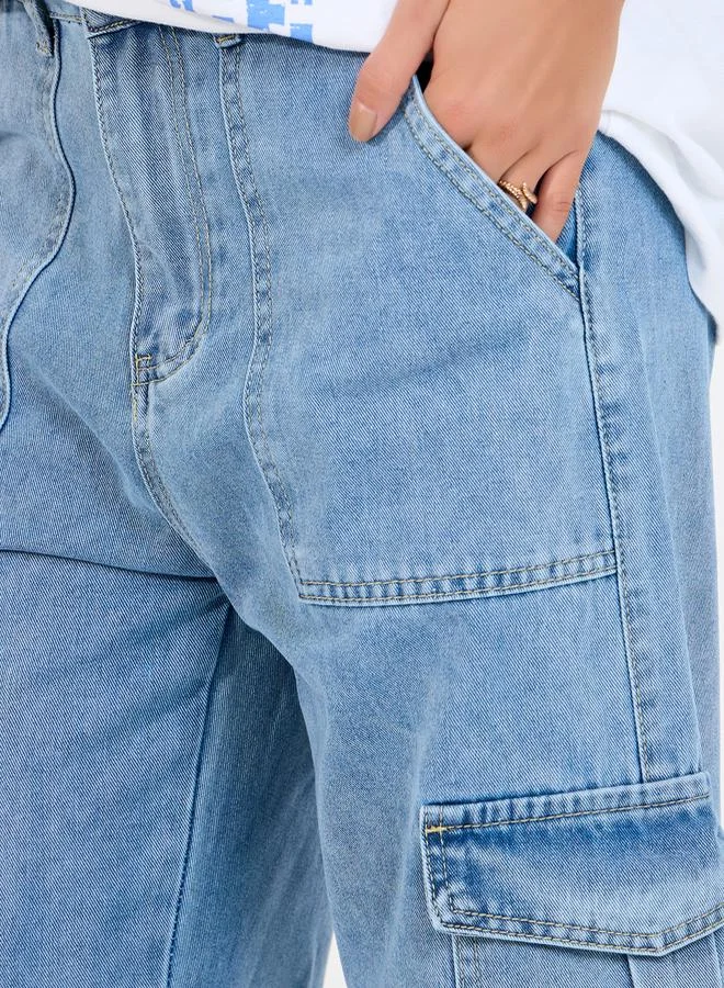 Styli High Rise Wide Leg Flap Pocket Cargo Jeans