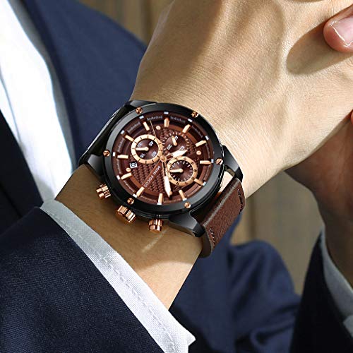 MF MINI FOCUS MINI Focus Men Watches Business Casual Wrist Watches (Multifunction/Waterproof/Luminous/Calendar) Genuine Leather Band Fashion Watch for Men (Brown) - Image 2