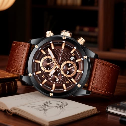 MF MINI FOCUS MINI Focus Men Watches Business Casual Wrist Watches (Multifunction/Waterproof/Luminous/Calendar) Genuine Leather Band Fashion Watch for Men (Brown) - Image 3