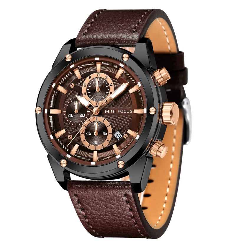 MF MINI FOCUS MINI Focus Men Watches Business Casual Wrist Watches (Multifunction/Waterproof/Luminous/Calendar) Genuine Leather Band Fashion Watch for Men (Brown) - Image 1
