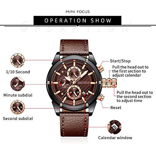 MF MINI FOCUS MINI Focus Men Watches Business Casual Wrist Watches (Multifunction/Waterproof/Luminous/Calendar) Genuine Leather Band Fashion Watch for Men (Brown) - Image 5
