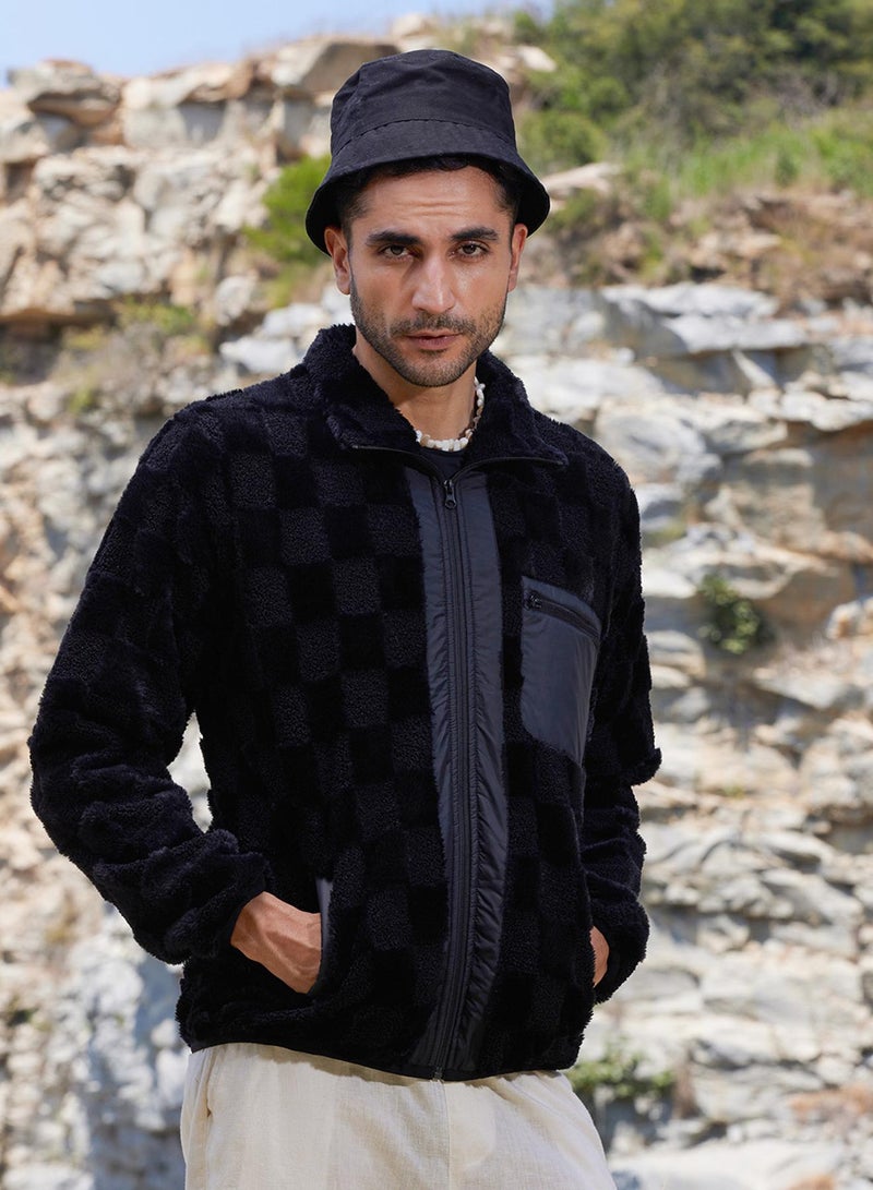 كامبوس سوترا Men's Carbon Black Fleece Buffalo Check Puffer Jacket  - Image 1
