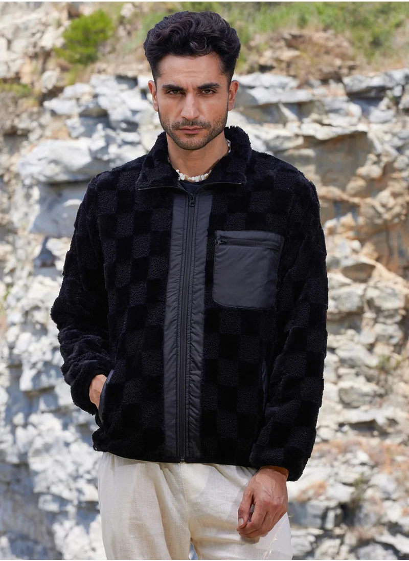 كامبوس سوترا Men's Carbon Black Fleece Buffalo Check Puffer Jacket