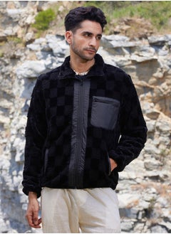 Campus Sutra Men's Carbon Black Fleece Buffalo Check Puffer Jacket  - Image 3