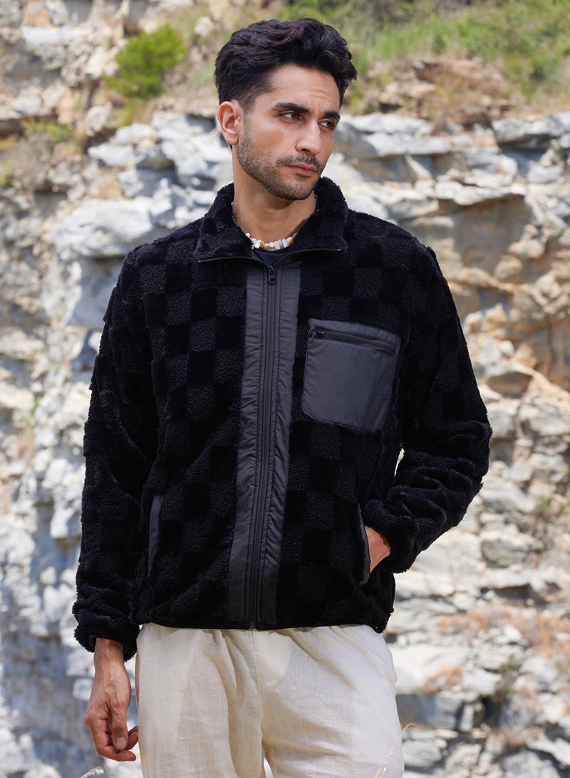كامبوس سوترا Men's Carbon Black Fleece Buffalo Check Puffer Jacket  - Image 3