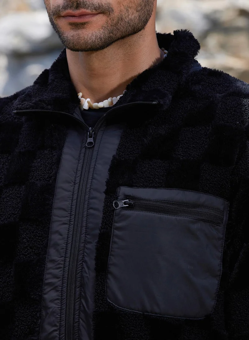 كامبوس سوترا Men's Carbon Black Fleece Buffalo Check Puffer Jacket