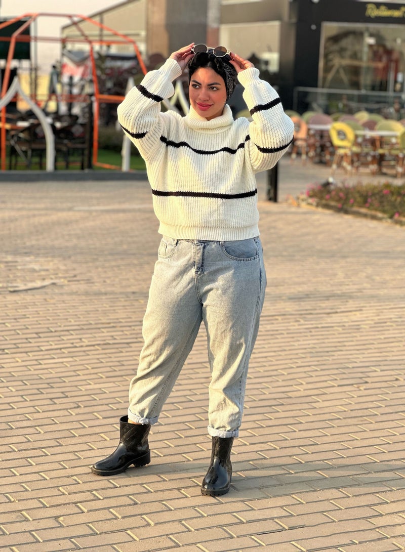 Off White Trico Boot Neck Pullover With Black Lines
