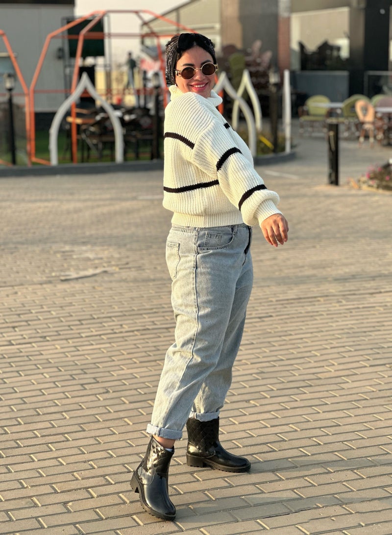 Off White Trico Boot Neck Pullover With Black Lines