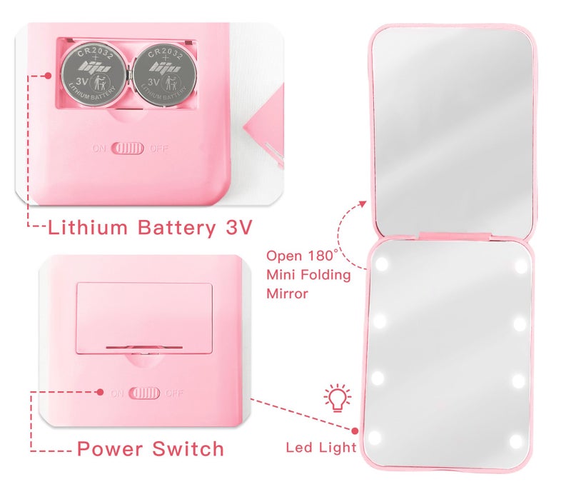Aganmi Travel Essentials Accessories شخصية مرآة جيب LED حرف لؤلؤي تكبير 1X/2X مرآة مكياج صغيرة للسفر مع أضواء وردية قابلة للطي مرآة مدمجة للنساء والفتيات المراهقات (S) - Image 4