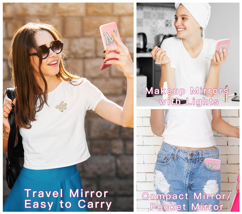 Aganmi Travel Essentials Accessories شخصية مرآة جيب LED حرف لؤلؤي تكبير 1X/2X مرآة مكياج صغيرة للسفر مع أضواء وردية قابلة للطي مرآة مدمجة للنساء والفتيات المراهقات (S) - Image 5