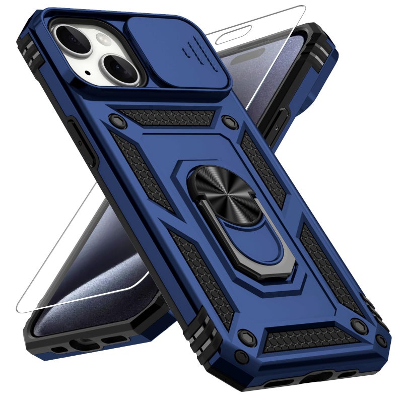 Vinve for iPhone 15 Plus Case, Slide Lens Cover, HD Screen Protector, Military Grade Drop Protection, Magnetic Rotated Ring Holder Kickstand Protective Phone Case (Navy Blue) - Image 1