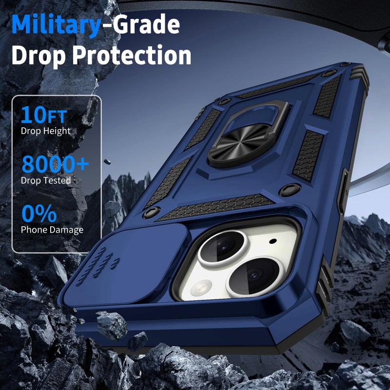 Vinve for iPhone 15 Plus Case, Slide Lens Cover, HD Screen Protector, Military Grade Drop Protection, Magnetic Rotated Ring Holder Kickstand Protective Phone Case (Navy Blue) - Image 4