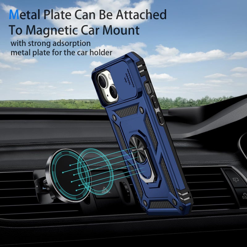 Vinve for iPhone 15 Plus Case, Slide Lens Cover, HD Screen Protector, Military Grade Drop Protection, Magnetic Rotated Ring Holder Kickstand Protective Phone Case (Navy Blue) - Image 3
