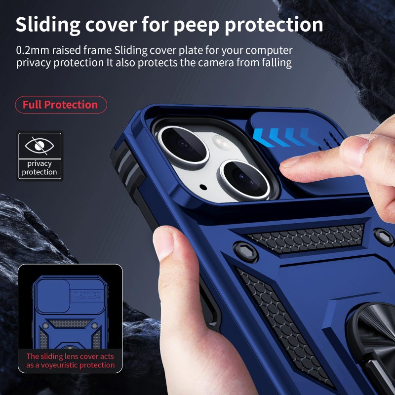 Vinve for iPhone 15 Plus Case, Slide Lens Cover, HD Screen Protector, Military Grade Drop Protection, Magnetic Rotated Ring Holder Kickstand Protective Phone Case (Navy Blue) - Image 2