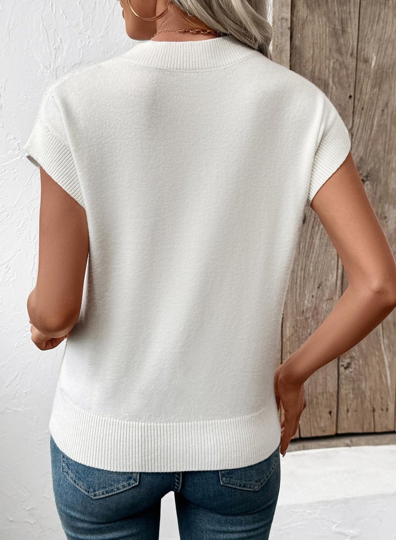 EVALESS Fall Sweaters for Women 2026 Round Neck Short Sleeve Sweater Vests Trendy Color Block Knit Cap Sleeve Blouses Tops Womens Spring Winter Outfits Fashion Clothes Khaki Large - Image 3