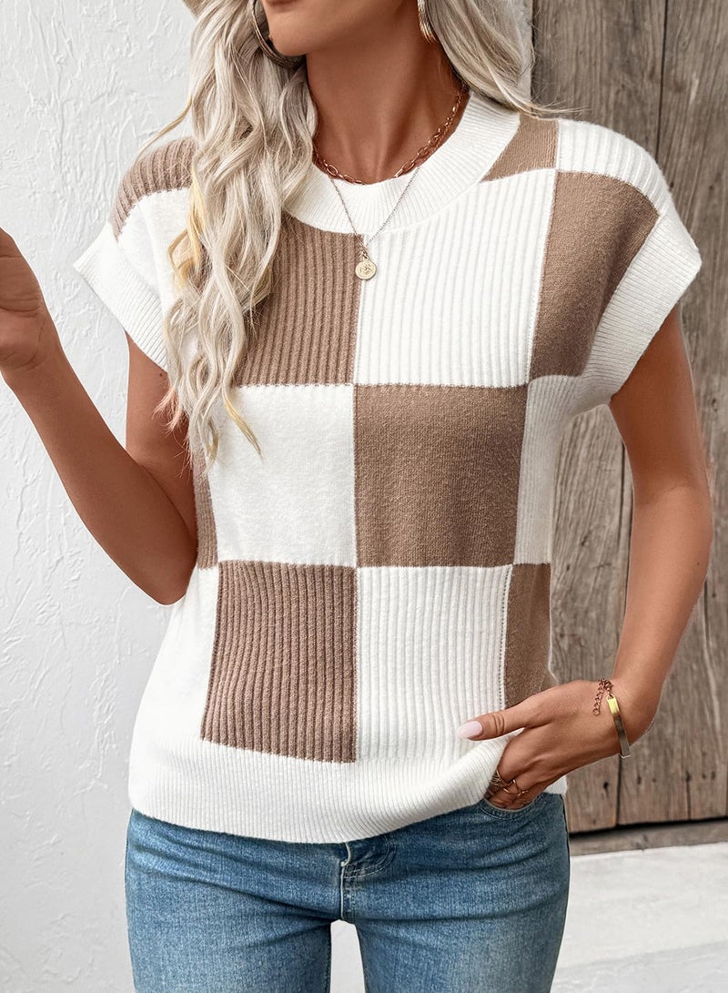 EVALESS Fall Sweaters for Women 2026 Round Neck Short Sleeve Sweater Vests Trendy Color Block Knit Cap Sleeve Blouses Tops Womens Spring Winter Outfits Fashion Clothes Khaki Large - Image 2