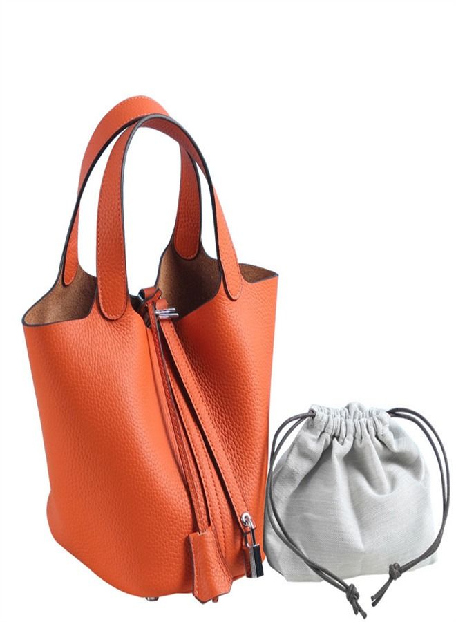 Loquat Litchi Grain Top Layer Cow Skin Bucket Bag Orange  - Image 1