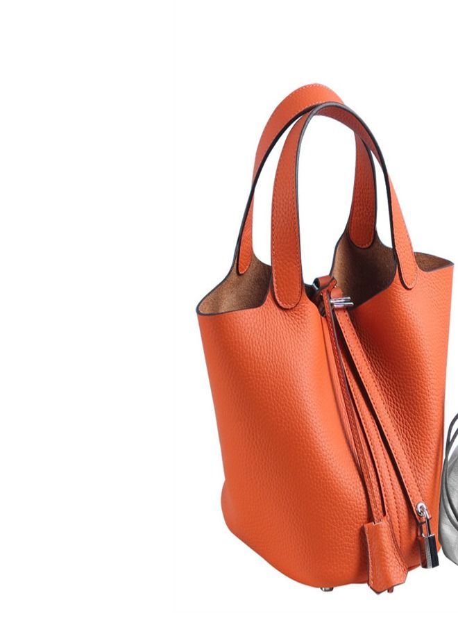 Loquat Litchi Grain Top Layer Cow Skin Bucket Bag Orange  - Image 2